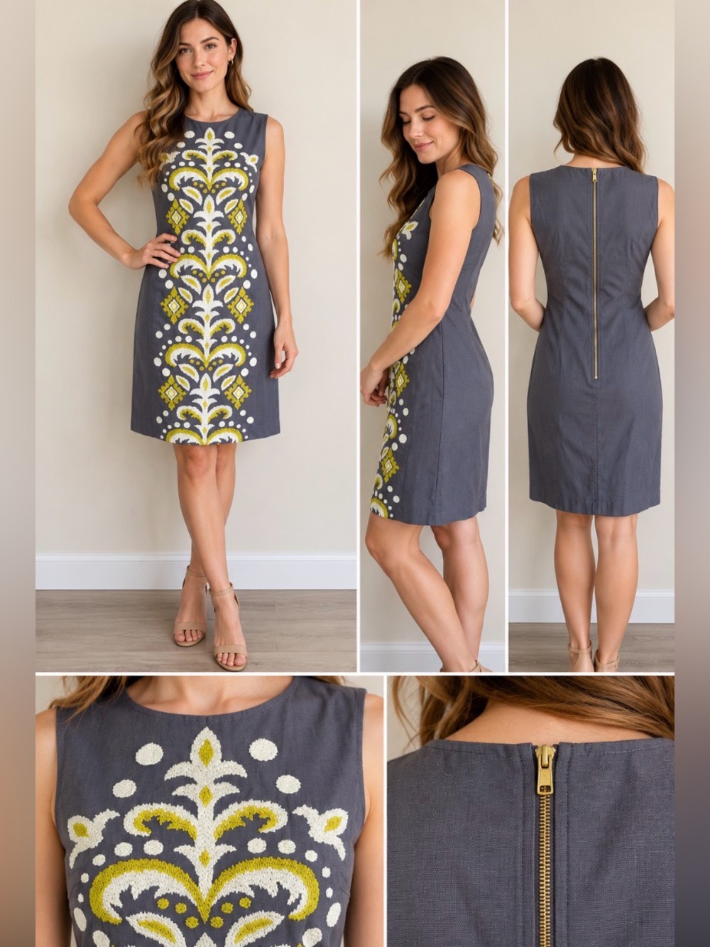 Anthropologie Tabitha Embroidered Fountain Shift Dress Gray Chartreuse